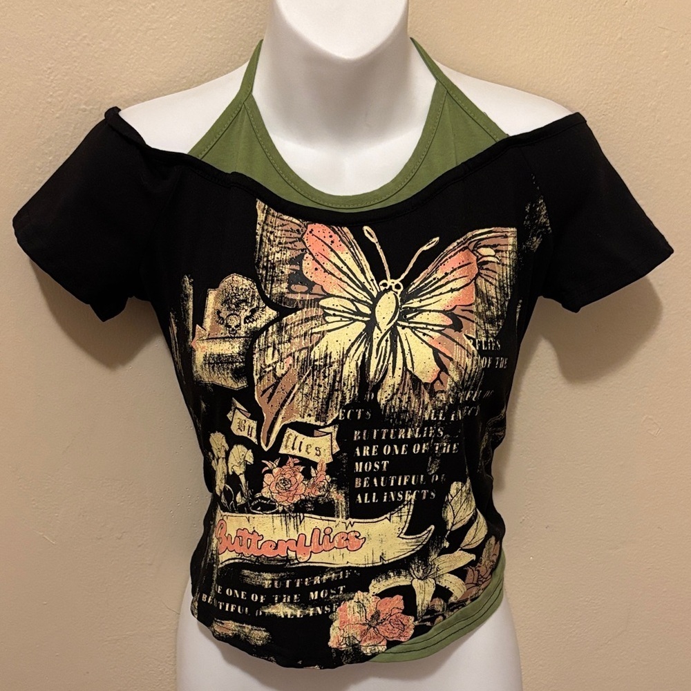 ROMWE Black and Green Butterfly Graphic Crop Top - Picture 1 of 1